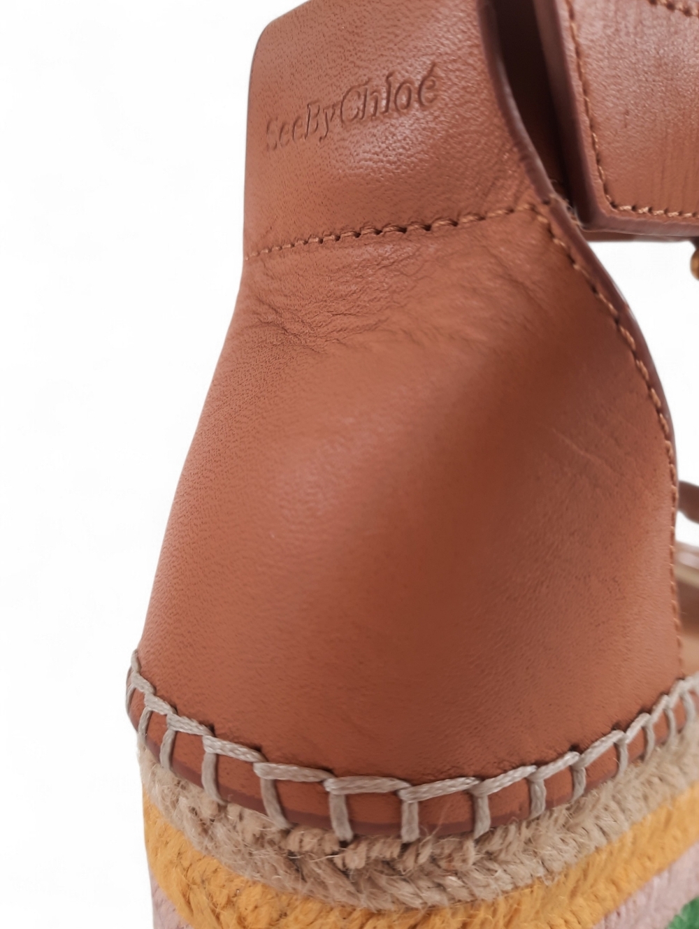 SEE BY CHLOE Rainbow Sandal Leather Jute Platform Espadrille Wedge Logo Tan 37 7 - Picture 4 of 8